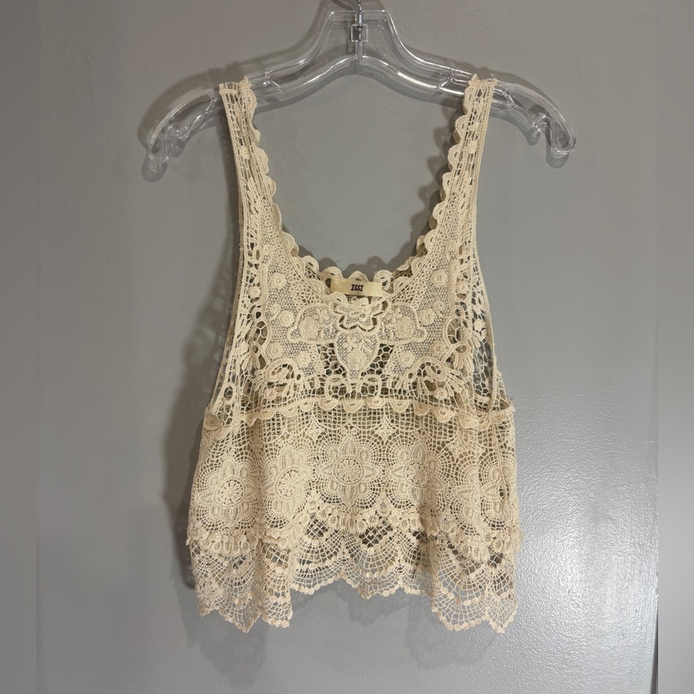Issi Women's Crochet Tank Top Pullover Floral Pattern Scoop Neck Boho M Ivory